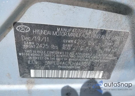 2012 Hyundai Sonata Gls z USA, uszkodzony, nr VIN 5NPEB4AC1CH443006